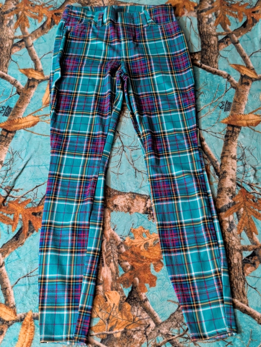Time and Tru Teal Plaid Leggings with Purple Accents